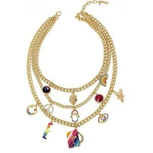 NWT KURT GEIGER MULTI STRAND NECKLACE WITH CHARMS GOLD MULTICOLOR W DUST BAG
